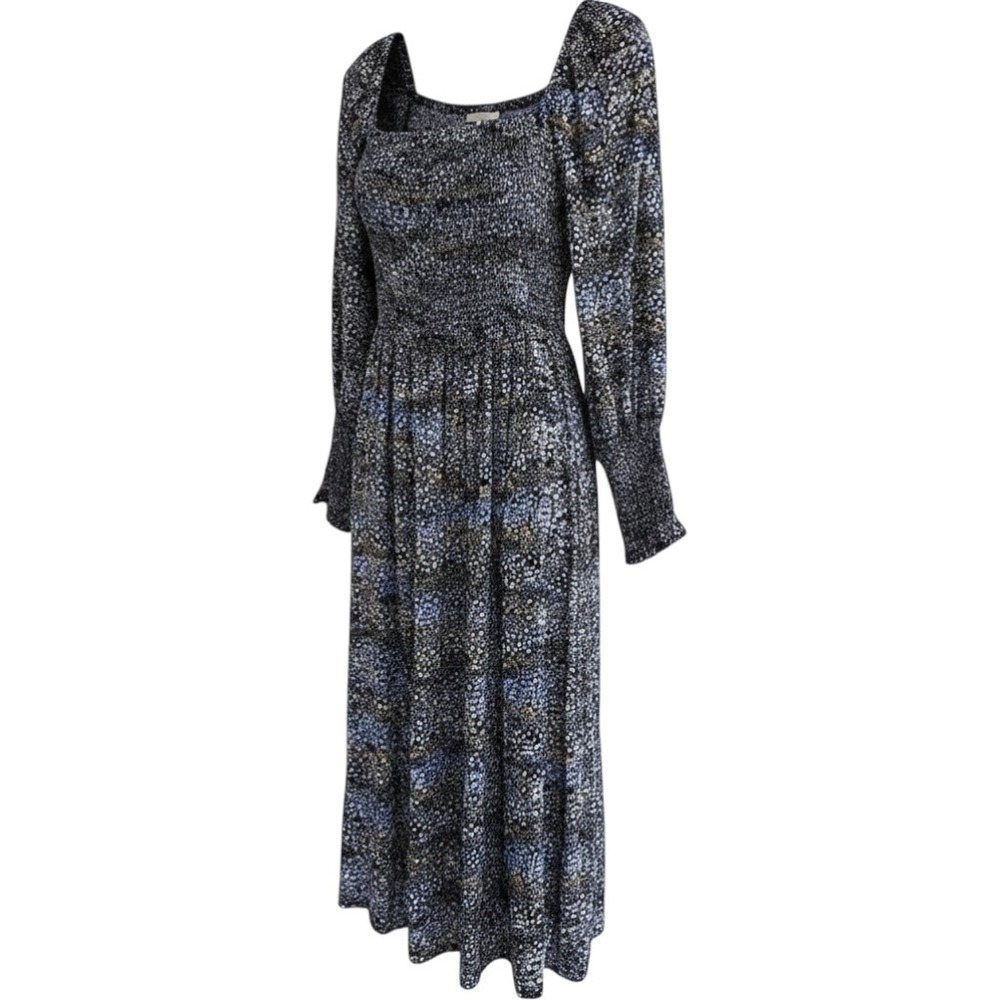 Eloquii Elements Plus Sz 22/24 Blue Abstract Dot Smocked Midi Dress Long Sleeve